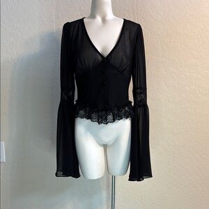 FINAL! NWT! Dolls Kill Sheer Black Fitted Bell Sleeve Blouse House of Widow